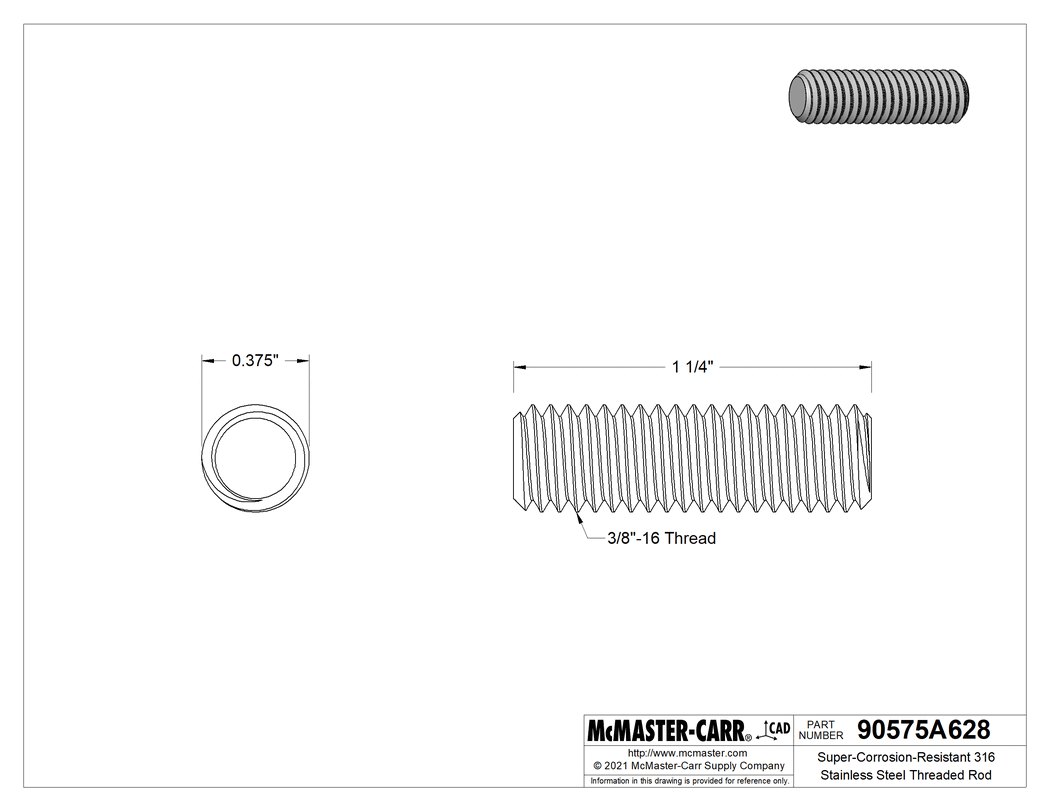 Technical Drawing of Super-Corrosion-Resistant 316 Stainless Steel Threaded Rod, 3/8"-16 Thread Size, 1-1/4" Long.
